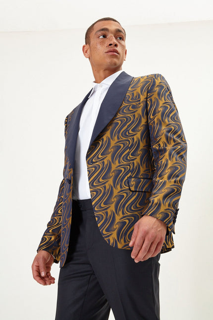 Men's Psychedelic Texture Shawl Lapel Tuxedo Jacket - Navy Gold | Ron Tomson