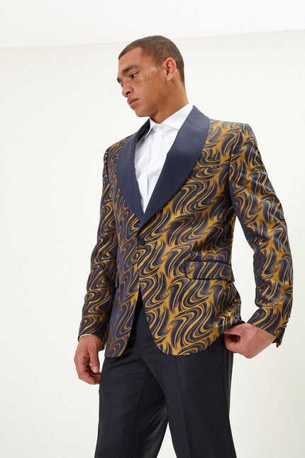Men's Psychedelic Texture Shawl Lapel Tuxedo Jacket - Navy Gold | Ron Tomson