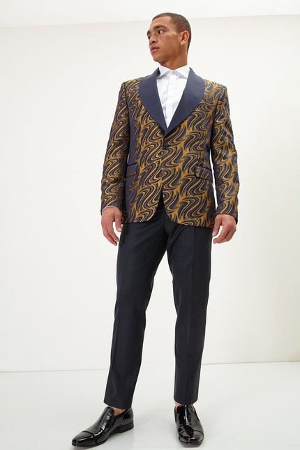 Men's Psychedelic Texture Shawl Lapel Tuxedo Jacket - Navy Gold | Ron Tomson