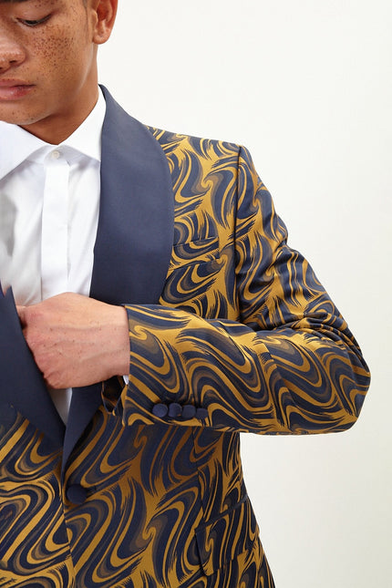 Men's Psychedelic Texture Shawl Lapel Tuxedo Jacket - Navy Gold | Ron Tomson