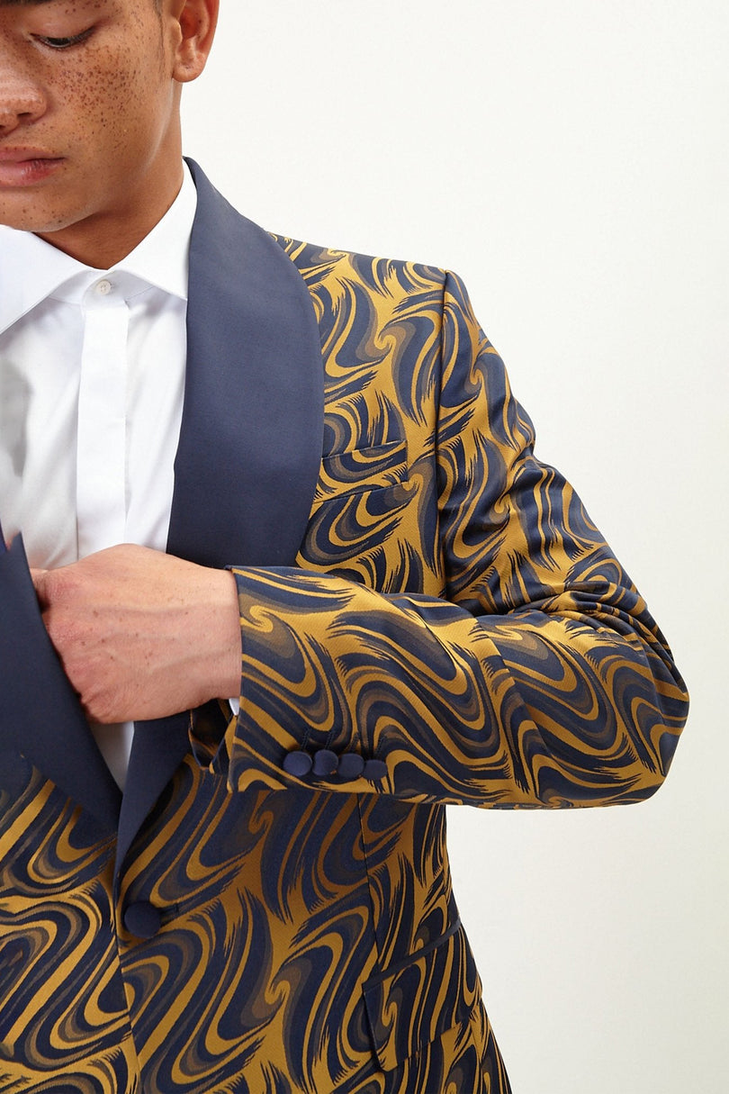 Men's Psychedelic Texture Shawl Lapel Tuxedo Jacket - Navy Gold | Ron Tomson