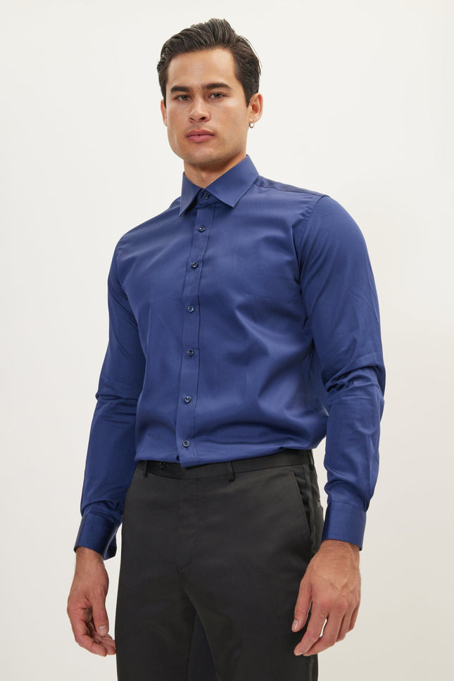 Men's Point Collar Dress Shirt - Navy | Ron Tomson