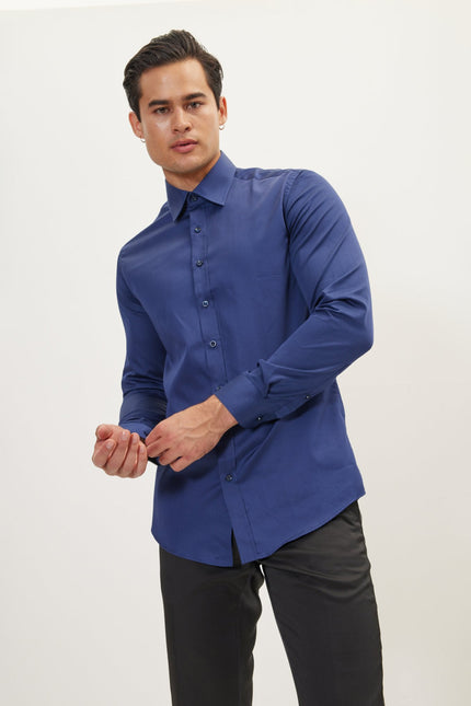 Men's Point Collar Dress Shirt - Navy | Ron Tomson