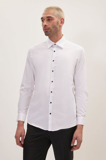 Men's Contrast Button Dress Shirt - Optic White | Ron Tomson
