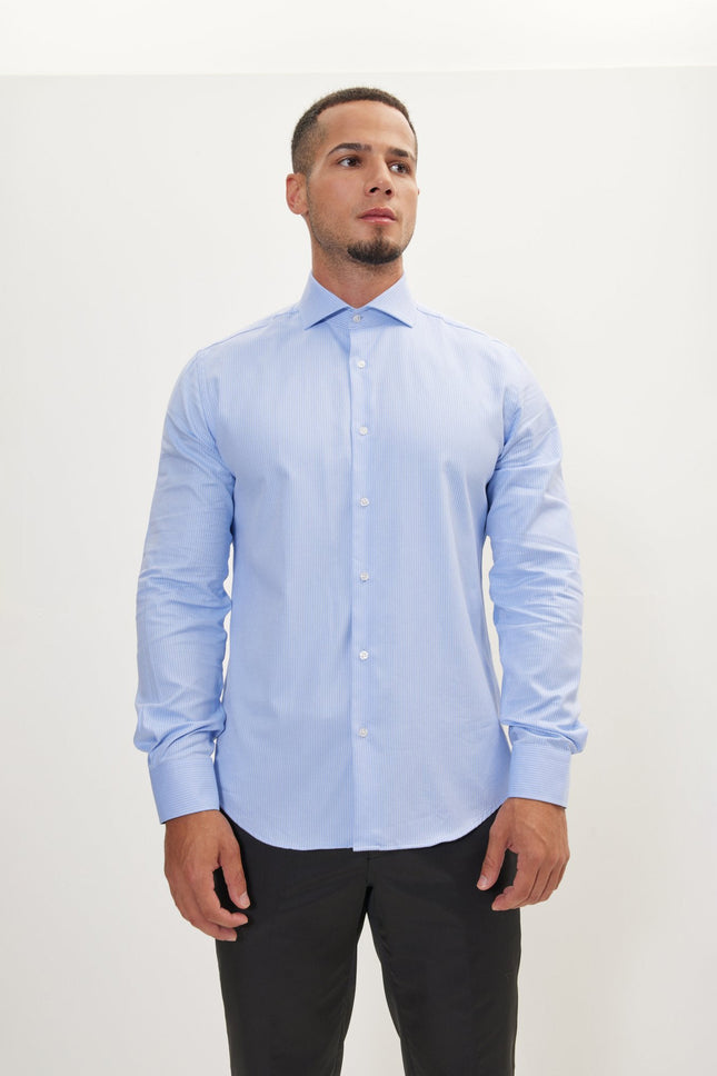 Men's Cotton Spread Collar Dress Shirt - Blue Chevron | Ron Tomson