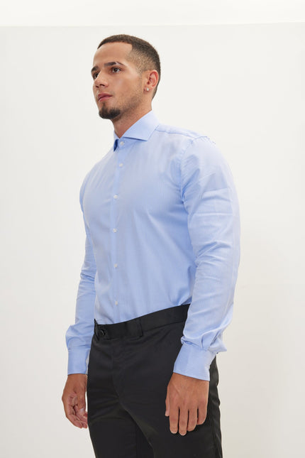 Men's Cotton Spread Collar Dress Shirt - Blue Chevron | Ron Tomson