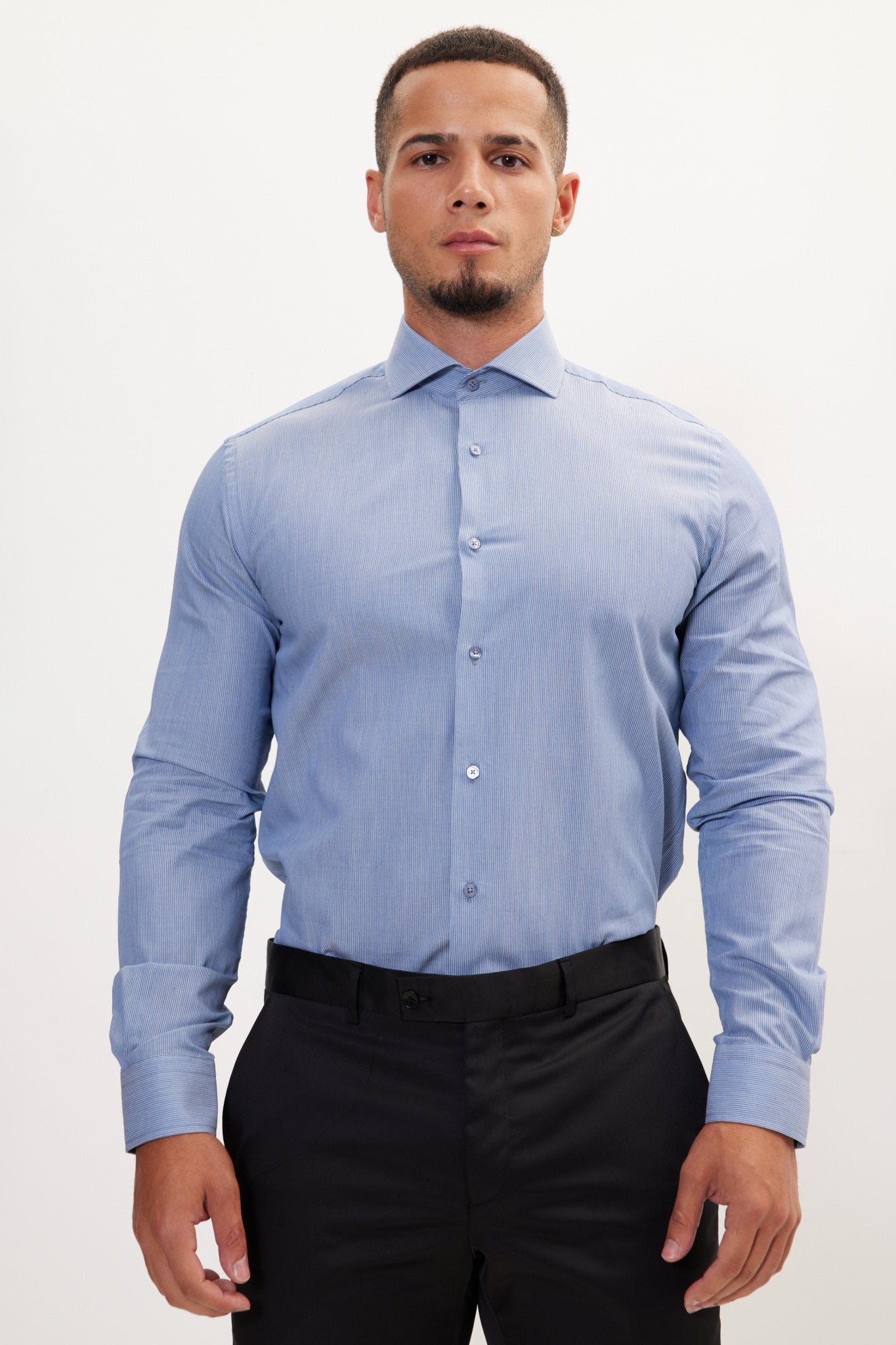 Men's French Placket Spread Collar Dress Shirt - Navy White Hairline Men's French Placket Spread Collar Dress Shirt - Navy White Hairline
