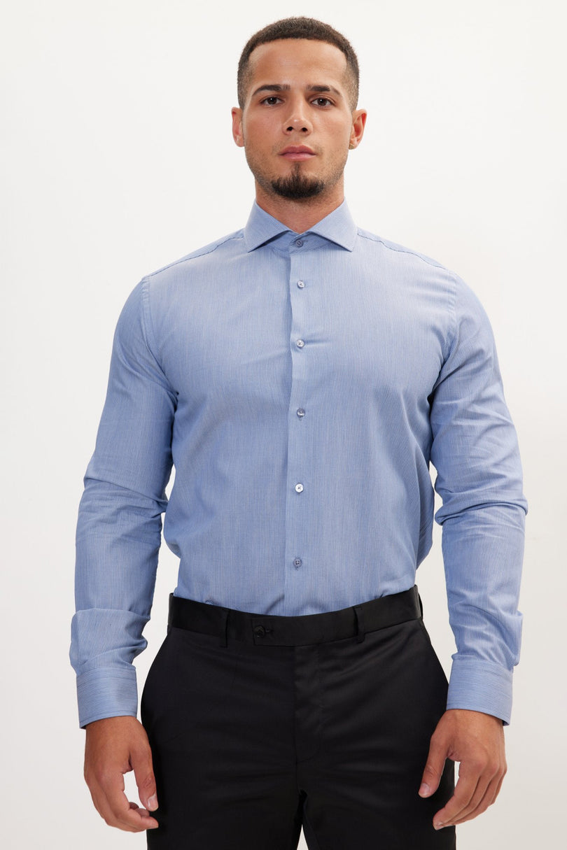 Men's Pure Cotton French Placket Spread Collar Dress Shirt - Navy White Hairline