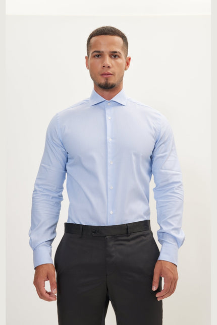 Men's Cotton Spread Collar Dress Shirt - Blue Striped | Ron Tomson