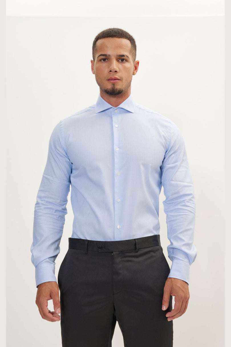 Men's Cotton Spread Collar Dress Shirt - Blue Striped | Ron Tomson