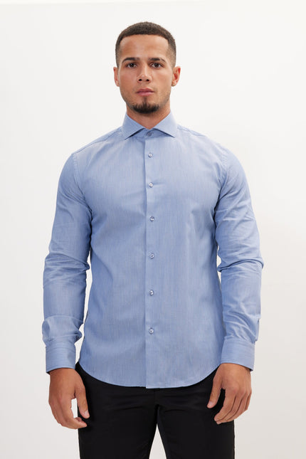 Men's Pure Cotton French Placket Spread Collar Dress Shirt - Navy White Hairline