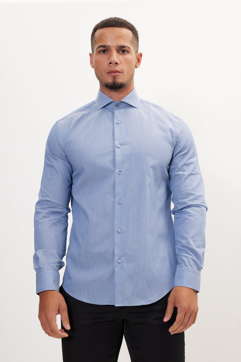 Men's French Placket Spread Collar Dress Shirt - Navy White Hairline | Ron Tomson