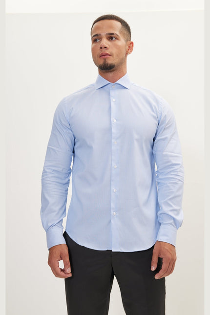 Men's Cotton Spread Collar Dress Shirt - Blue Striped | Ron Tomson