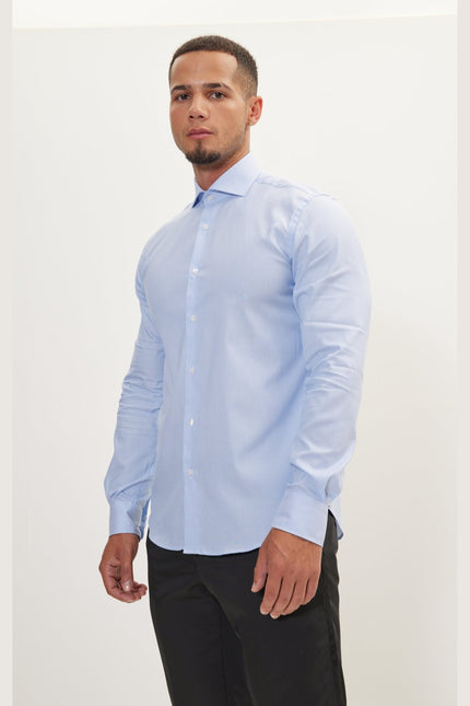 Men's Cotton Spread Collar Dress Shirt - Blue Striped | Ron Tomson