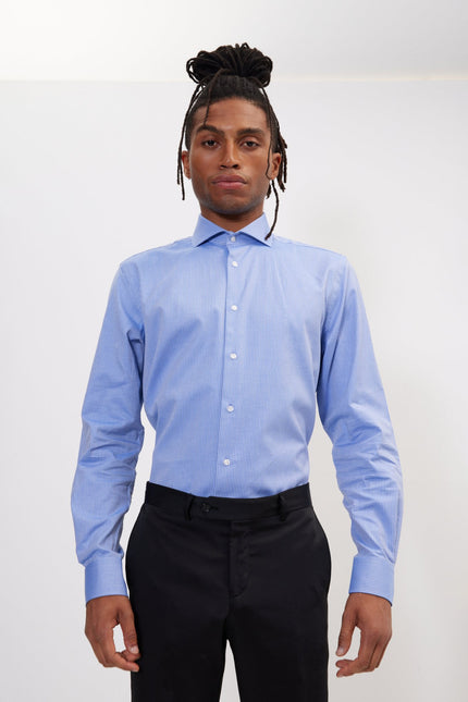 Men's Cotton Spread Collar Dress Shirt - Dark Blue Chevron | Ron Tomson