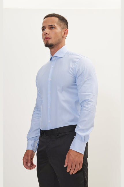 Men's Cotton Spread Collar Dress Shirt - Blue Striped | Ron Tomson