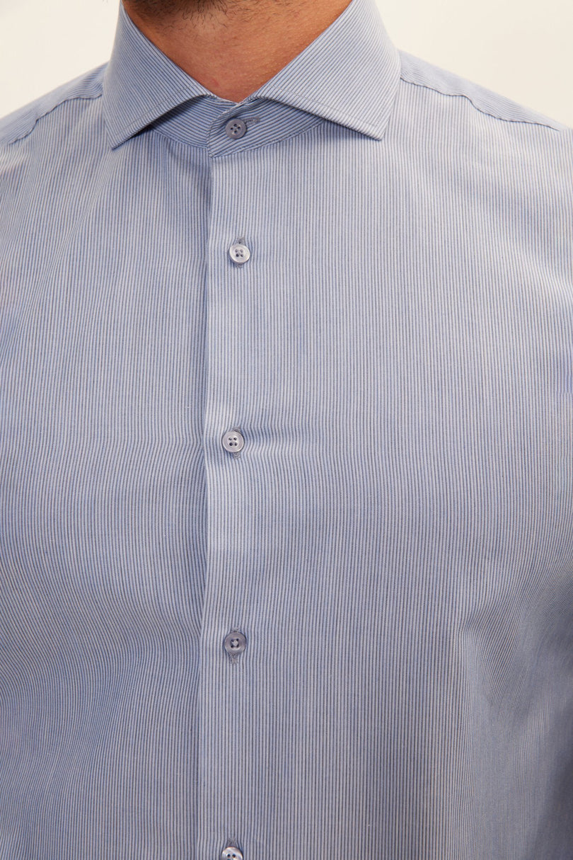 Men's French Placket Spread Collar Dress Shirt - Navy White Hairline | Ron Tomson