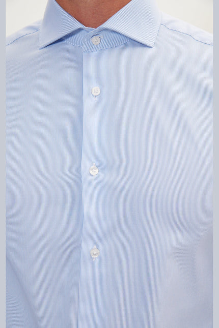 Men's Cotton Spread Collar Dress Shirt - Blue Striped | Ron Tomson