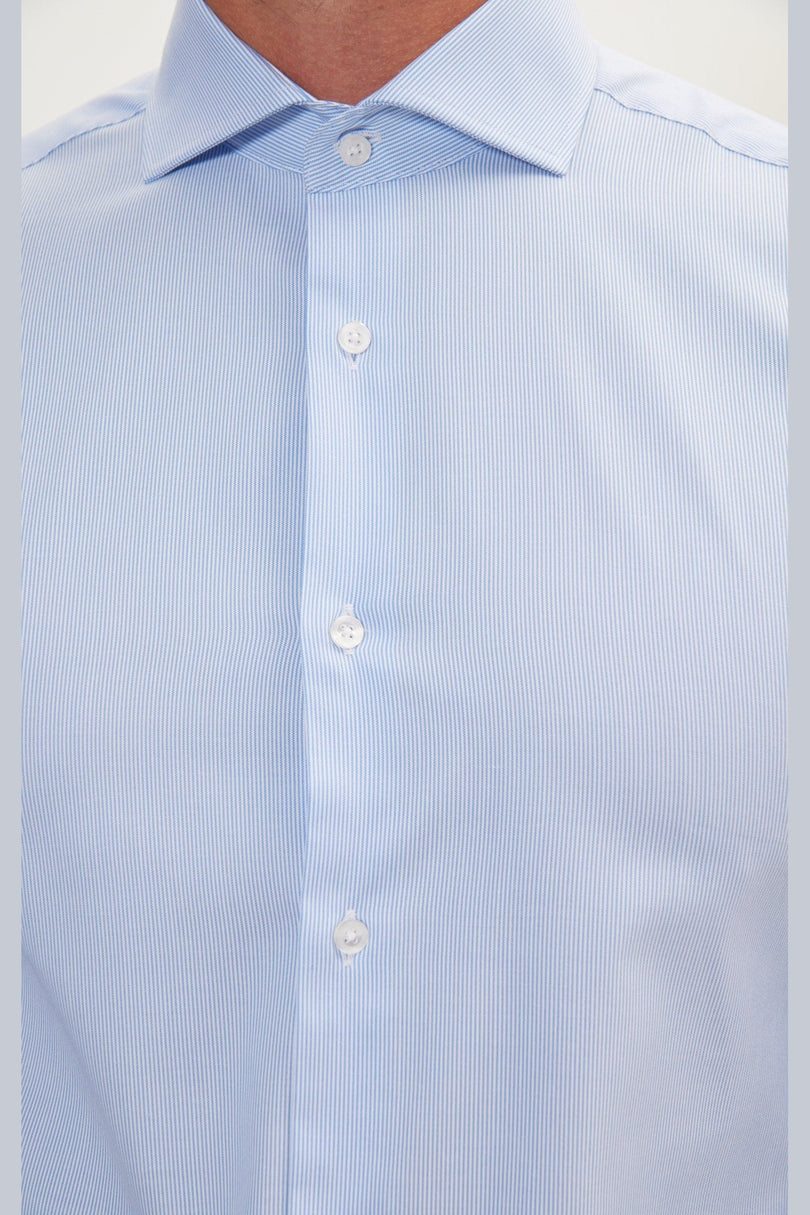 Men's Cotton Spread Collar Dress Shirt - Blue Striped | Ron Tomson