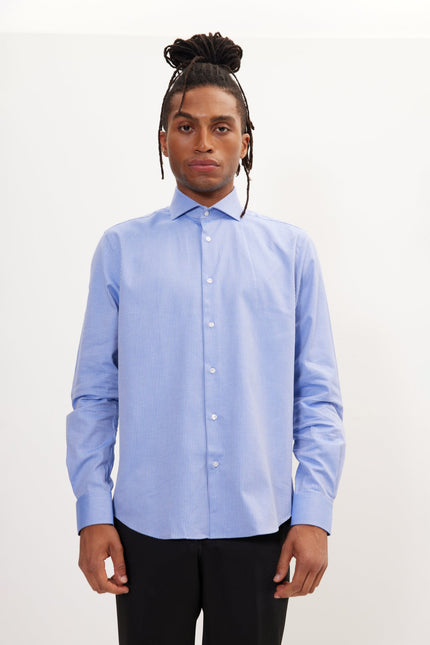 Men's Cotton Spread Collar Dress Shirt - Dark Blue Chevron | Ron Tomson