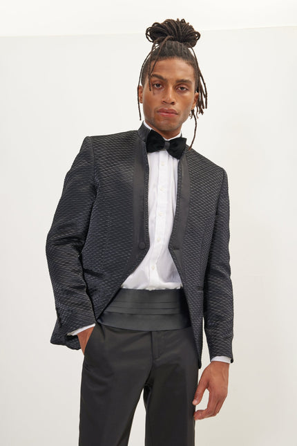 Men's Pleated Mandarin Collar Tuxedo - Black | Ron Tomson