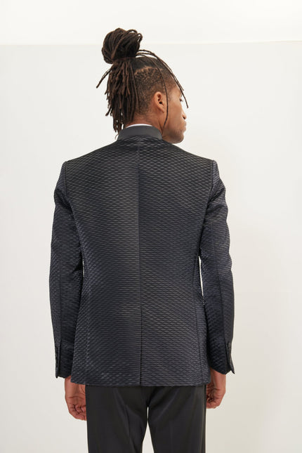 Men's Pleated Mandarin Collar Tuxedo - Black | Ron Tomson