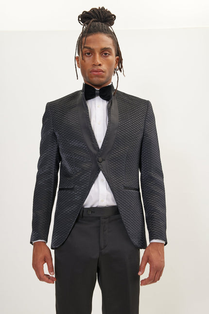 Men's Pleated Mandarin Collar Tuxedo - Black | Ron Tomson