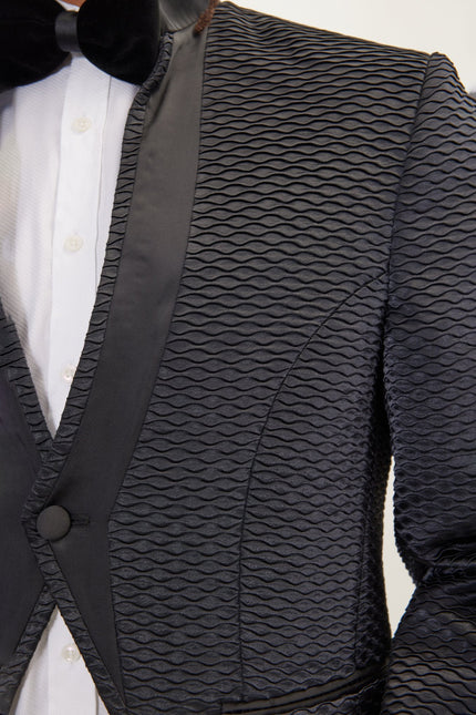 Men's Pleated Mandarin Collar Tuxedo - Black | Ron Tomson