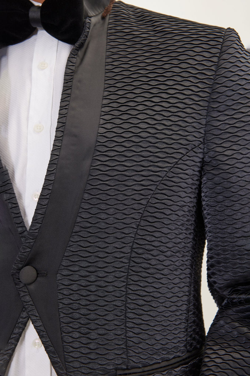 Men's Pleated Mandarin Collar Tuxedo - Black | Ron Tomson