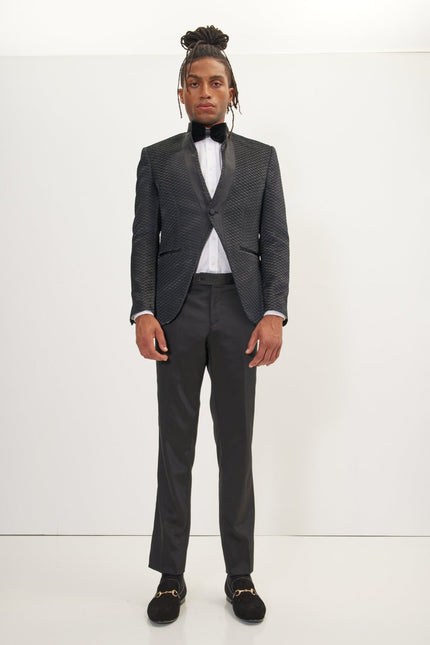 Men's Pleated Mandarin Collar Tuxedo - Black | Ron Tomson