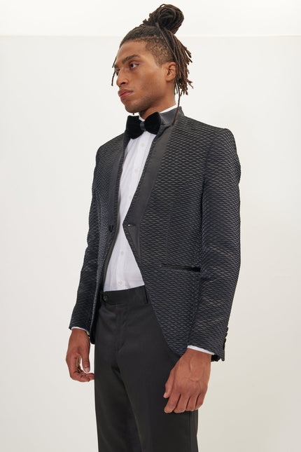 Men's Pleated Mandarin Collar Tuxedo - Black | Ron Tomson