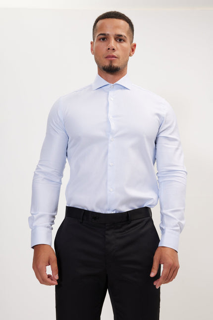 Men's Cotton French Placket Dress Shirt - White Light Blue | Ron Tomson
