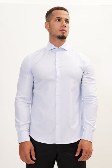 Men's Cotton French Placket Dress Shirt - White Light Blue | Ron Tomson