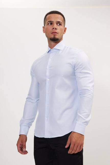 Men's Cotton French Placket Dress Shirt - White Light Blue | Ron Tomson