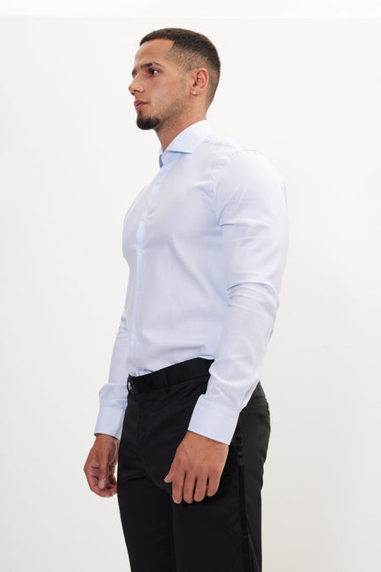 Men's Cotton French Placket Dress Shirt - White Light Blue | Ron Tomson