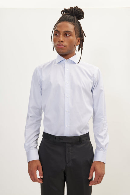 Men's Cotton Spread Collar Dress Shirt - White Dark Blue Striped | Ron Tomson