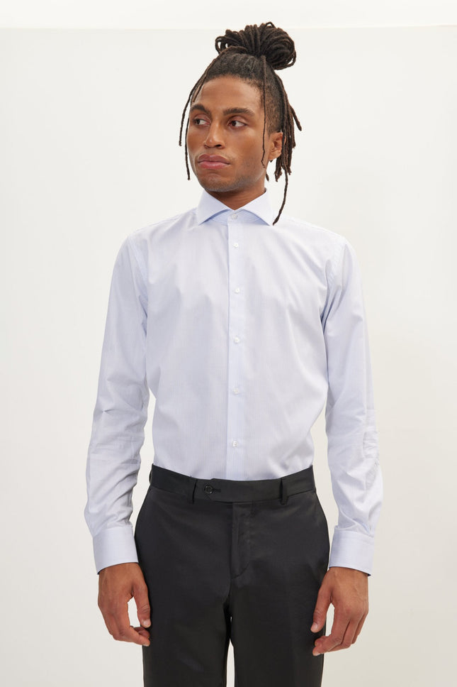 Men's Cotton Spread Collar Dress Shirt - White Dark Blue Striped | Ron Tomson