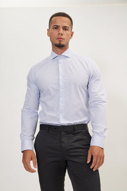 Men's Cotton Spread Collar Dress Shirt - White Blue Striped | Ron Tomson