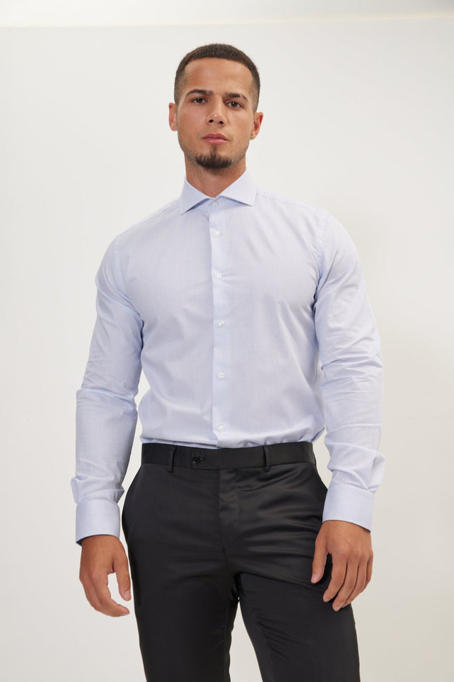 Men's Cotton Spread Collar Dress Shirt - White Blue Striped | Ron Tomson