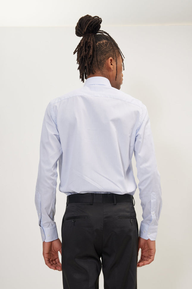 Men's Cotton Spread Collar Dress Shirt - White Dark Blue Striped | Ron Tomson