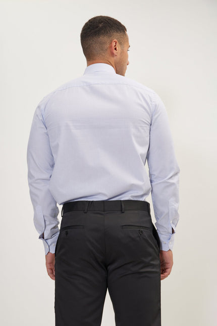 Men's Cotton Spread Collar Dress Shirt - White Blue Striped | Ron Tomson