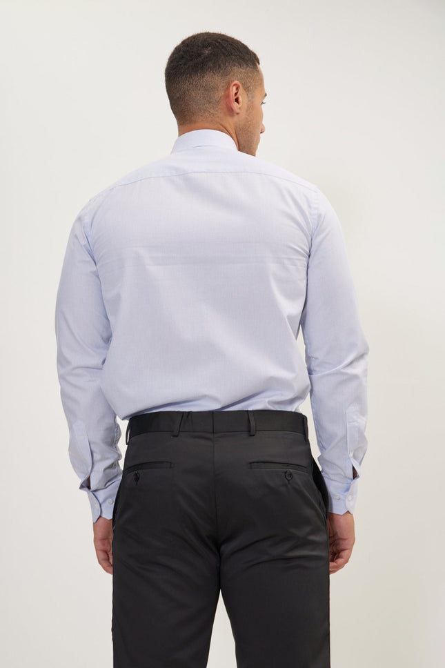 Men's Cotton Spread Collar Dress Shirt - White Blue Striped | Ron Tomson