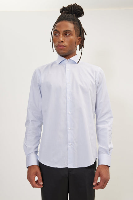 Men's Cotton Spread Collar Dress Shirt - White Dark Blue Striped | Ron Tomson