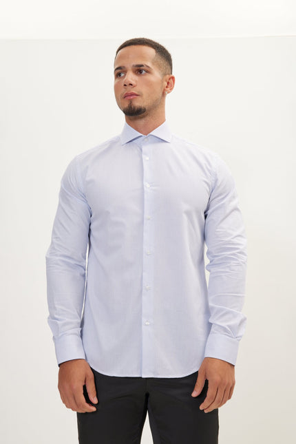 Men's Cotton Spread Collar Dress Shirt - White Blue Striped | Ron Tomson