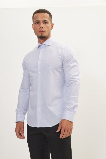 Men's Cotton Spread Collar Dress Shirt - White Blue Striped | Ron Tomson