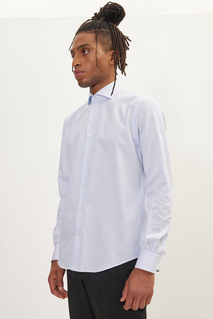 Men's Cotton Spread Collar Dress Shirt - White Dark Blue Striped | Ron Tomson