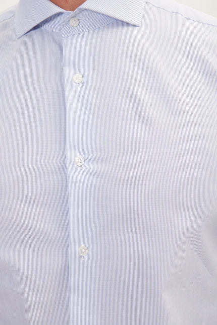 Men's Cotton Spread Collar Dress Shirt - White Blue Striped | Ron Tomson
