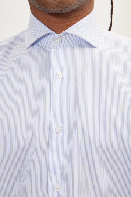 Men's Cotton Spread Collar Dress Shirt - White Dark Blue Striped | Ron Tomson