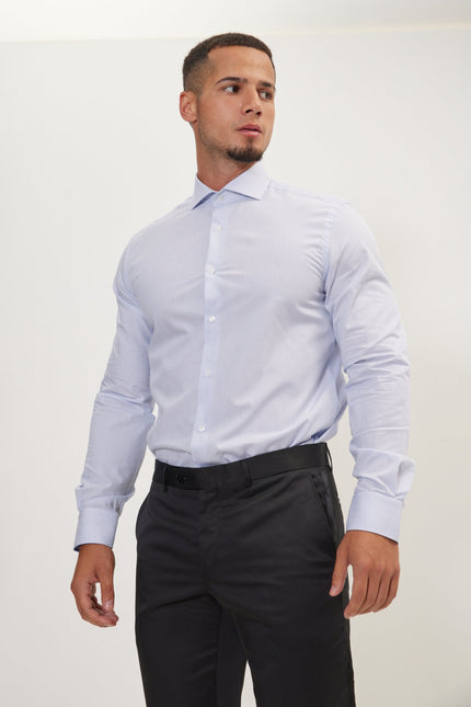 Men's Cotton Spread Collar Dress Shirt - White Blue Striped | Ron Tomson