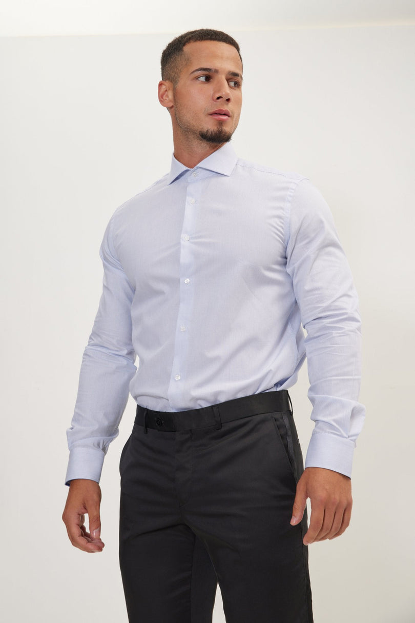 Men's Cotton Spread Collar Dress Shirt - White Blue Striped | Ron Tomson